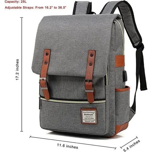 Canvas Grey 15.6" Laptop Backpack USB Charging Port - British Vintage Style - Picture 12 of 15